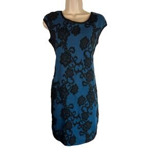 Nadya Toto Blue Black Stretchy Floral Dress Casual Cocktail Bodycon M Medium